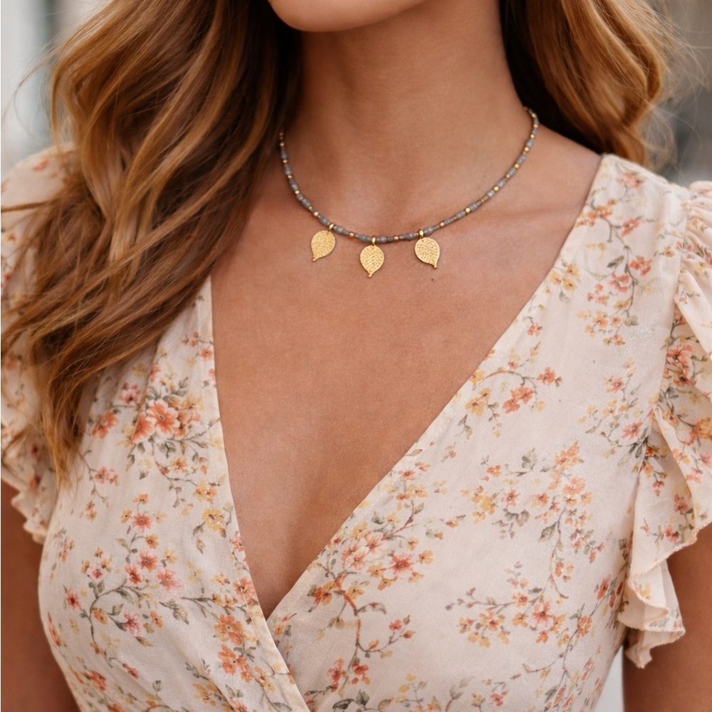 Plunder Golden Leaves Charm Beaded Choker Necklace NWT - Picture 1 of 3